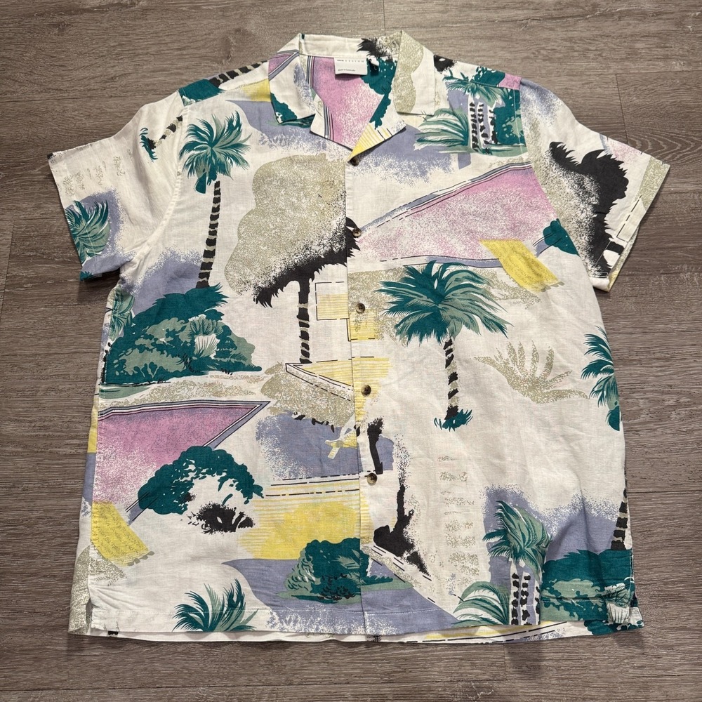 Asos Design Shirt Mens Medium Linen Blend Costal Palm Graphic Camp Open Collar